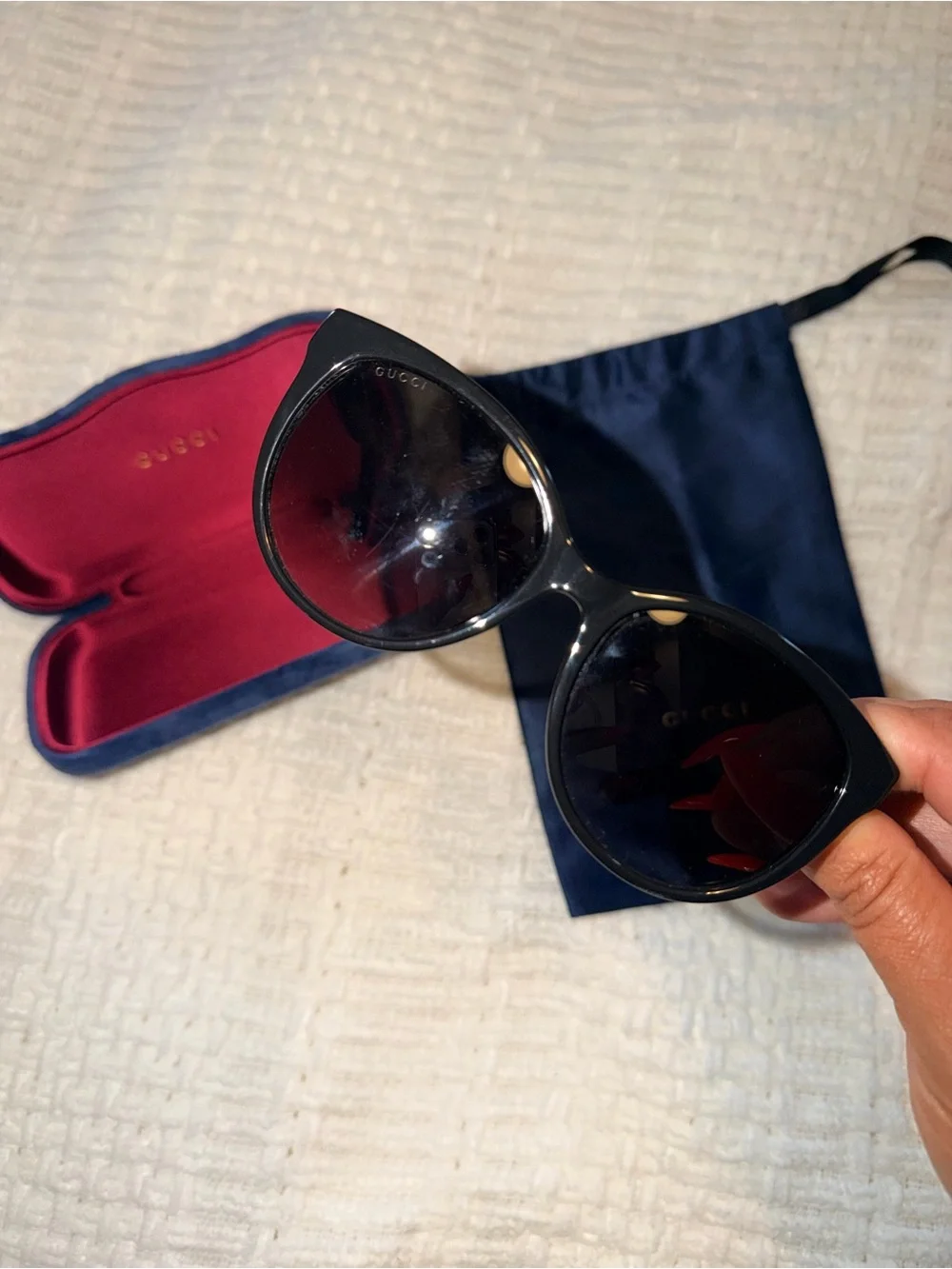 Gucci Black Cat-Eye Sunglasses with Navy Case & Dust Bag